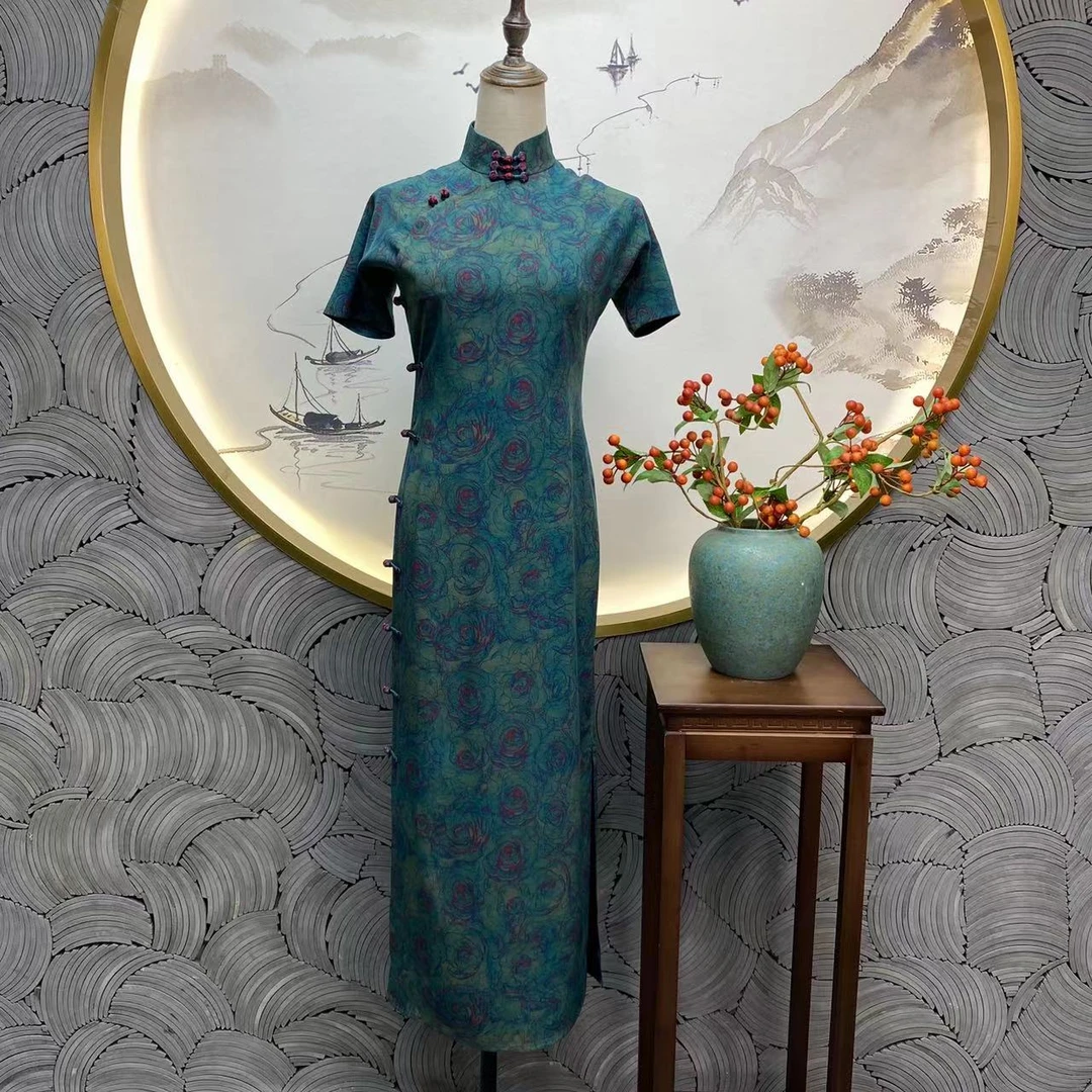 【舒亦】良辰媄锦桑蚕丝香云纱手工中长款旗袍衣长约130CM