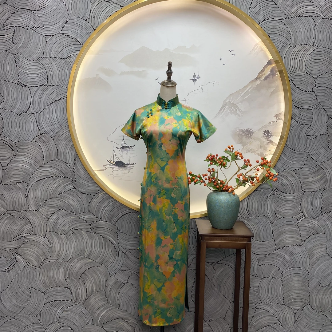 勾丝-【眠曲】良辰媄锦桑蚕丝香云纱手工中长款旗袍衣长约130CM