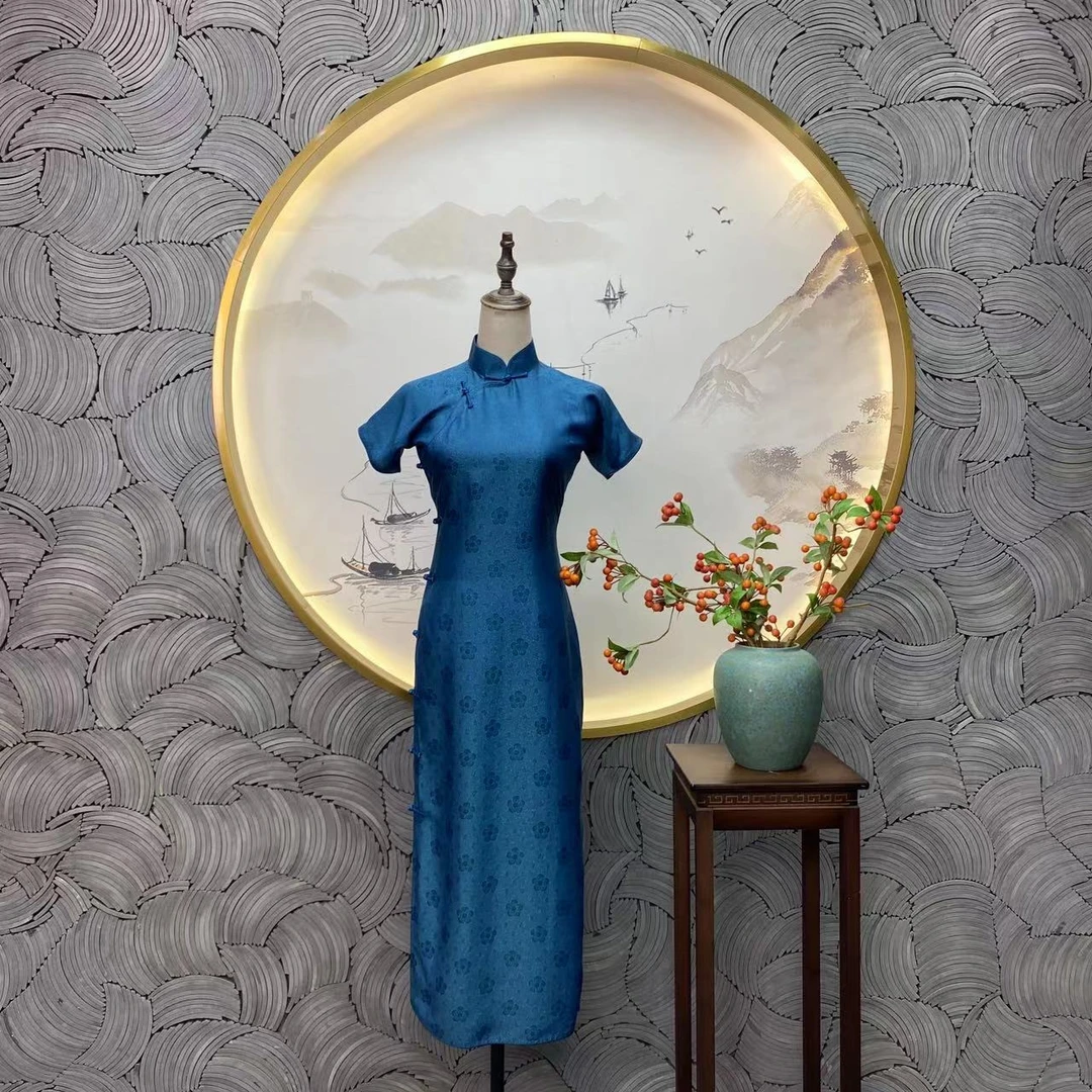 【绮香】良辰媄锦桑蚕丝手工中长款旗袍衣长约128CM
