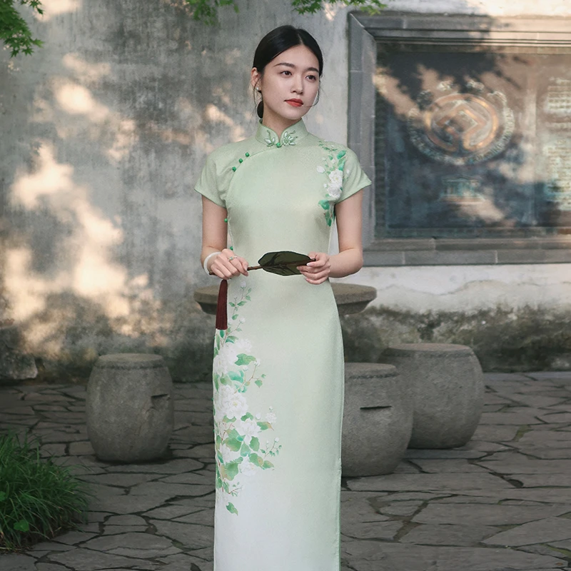 勾丝-【白鹭】良辰媄锦桑蚕丝全手工中长款旗袍衣长约125CM
