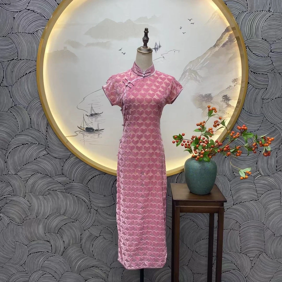 勾丝-【玫瑰冰茶】良辰媄锦全开襟中长款旗袍长约122CM