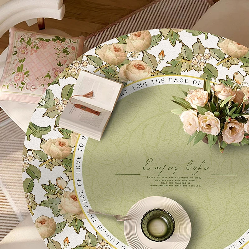 现代夏日防水防油皮革桌垫圆形茶几高档桌布轻奢硅胶奶绿色盖布