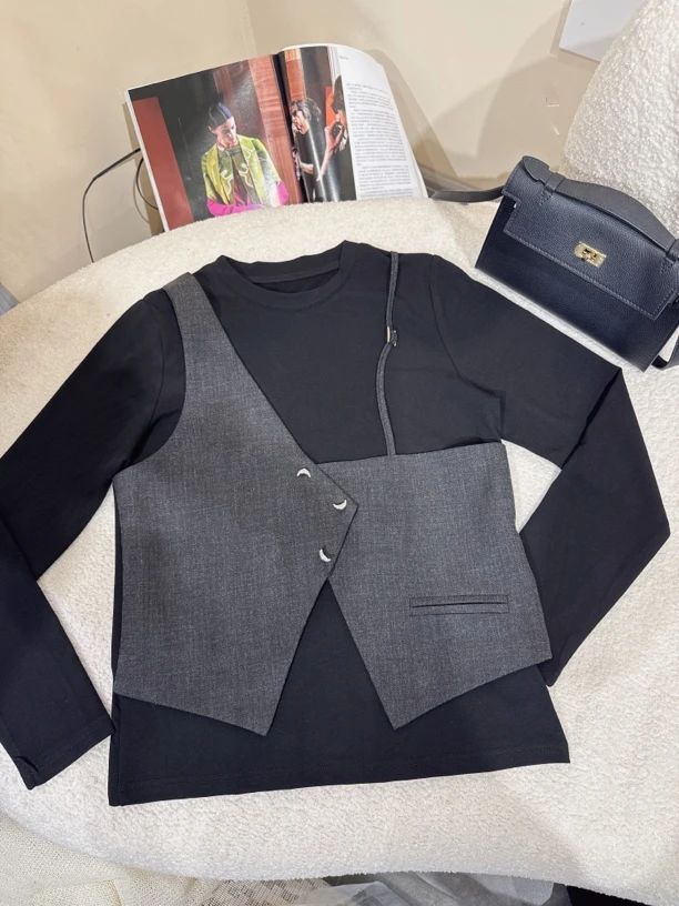 【娟子家】秋冬款黑灰假俩件设计感百搭显瘦上衣