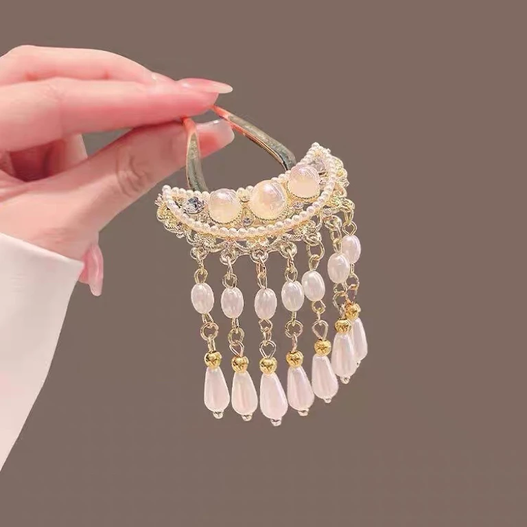 超仙国潮珠珠流苏U型发簪高级感扇形发钗簪子女古风汉服头饰发饰