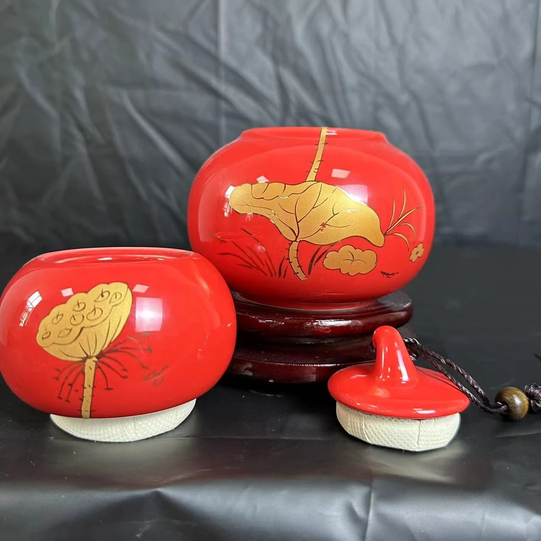 DJ-DP0177陶瓷红釉荷花双层葫芦茶叶罐+底座仅有一件