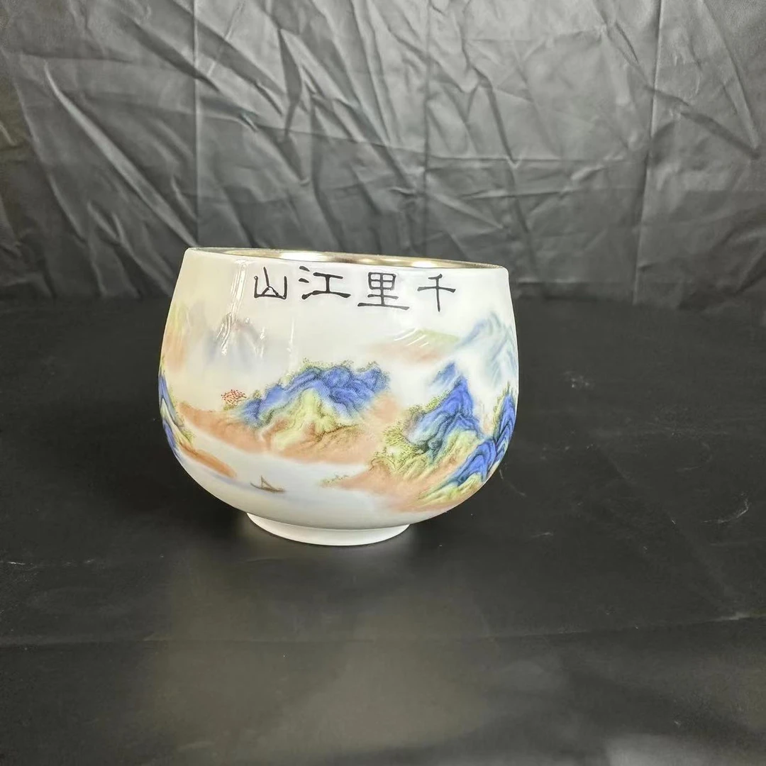ZY-DP-A178千里江山鎏银杯陶瓷主人杯/高5.8厘米宽7厘米