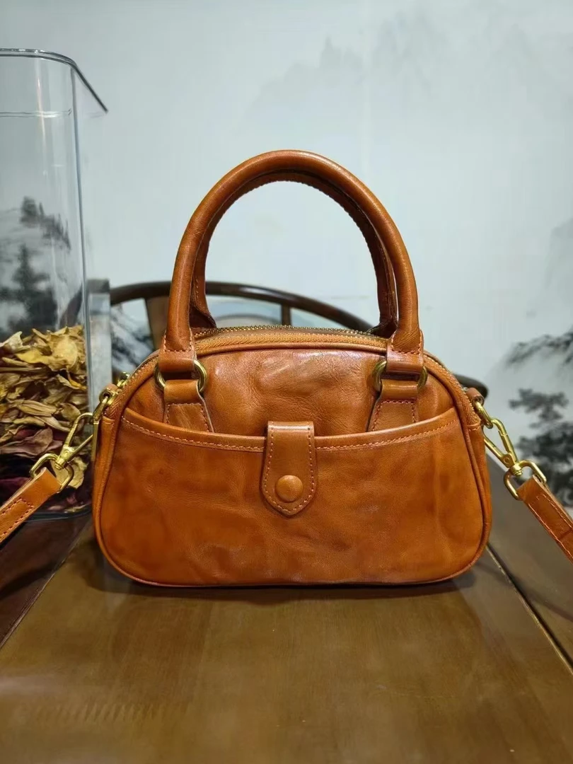 新款进口头层牛皮树膏皮手提斜跨包柔软时尚百搭简约韩版休闲纯色