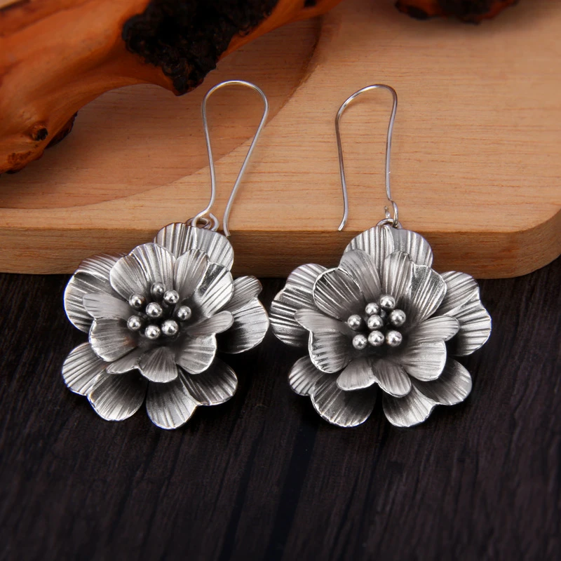 925银耳饰 泰国清迈手工艺品玫瑰花耳环复古民族风夸张大花朵耳坠