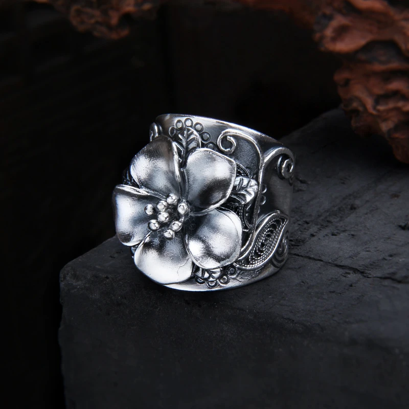 足银戒指 s999足银复古民族风立体梅花戒指气质开口文艺女士指环