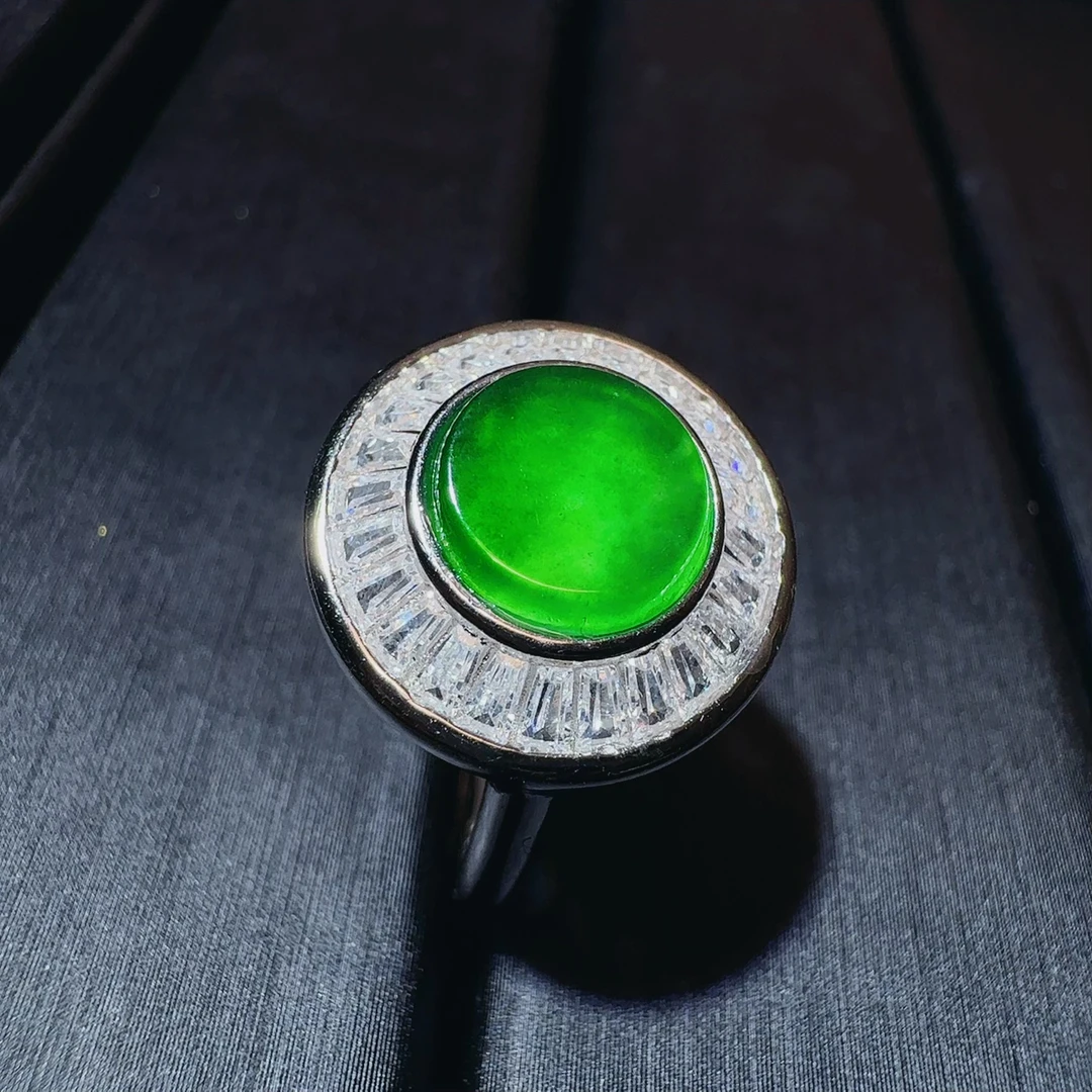 天然A货翡翠s925银满钻豪华镶嵌圆牌戒指099