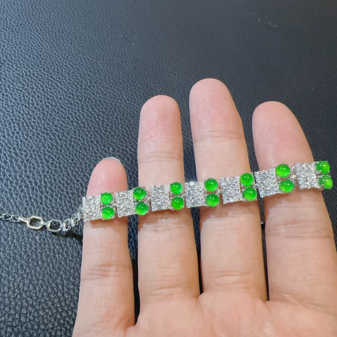 【新款手链】天然a货翡翠帝王绿蛋面手链设计款重工质感豪华0480