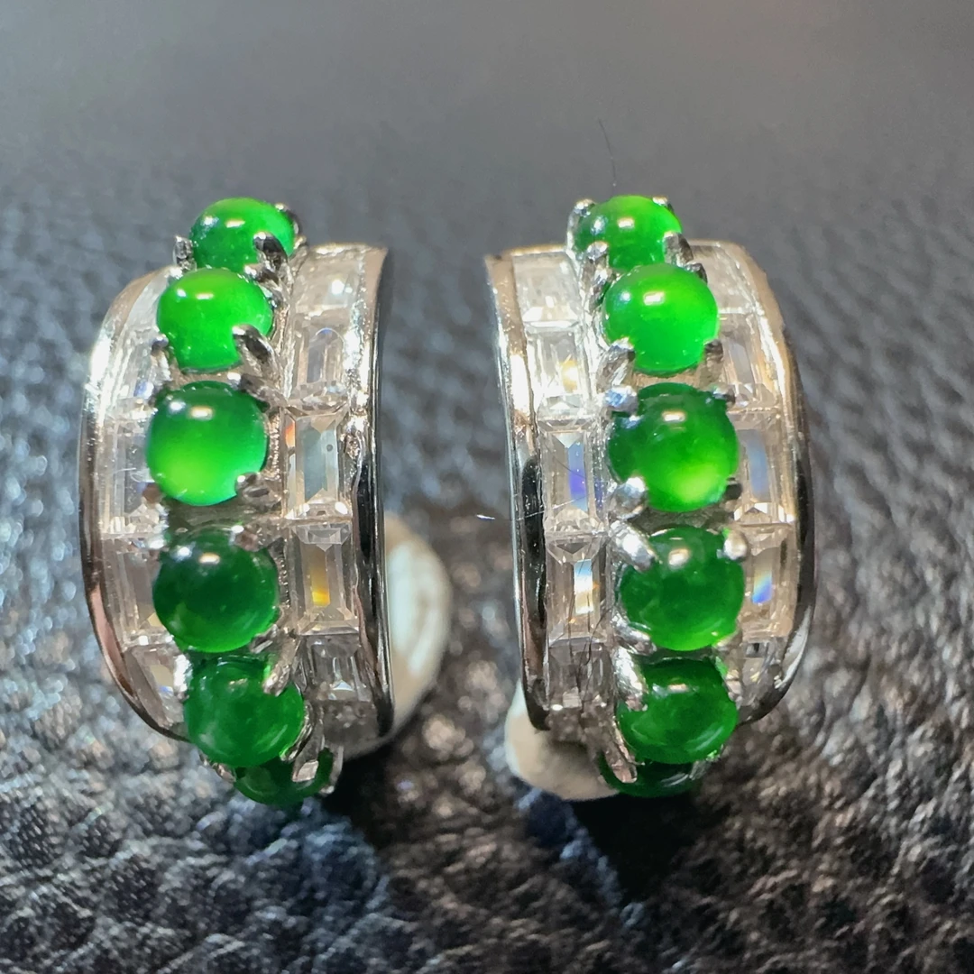 天然a货翡翠高冰阳绿蛋面耳环耳包帝王绿气质精美百搭时尚015