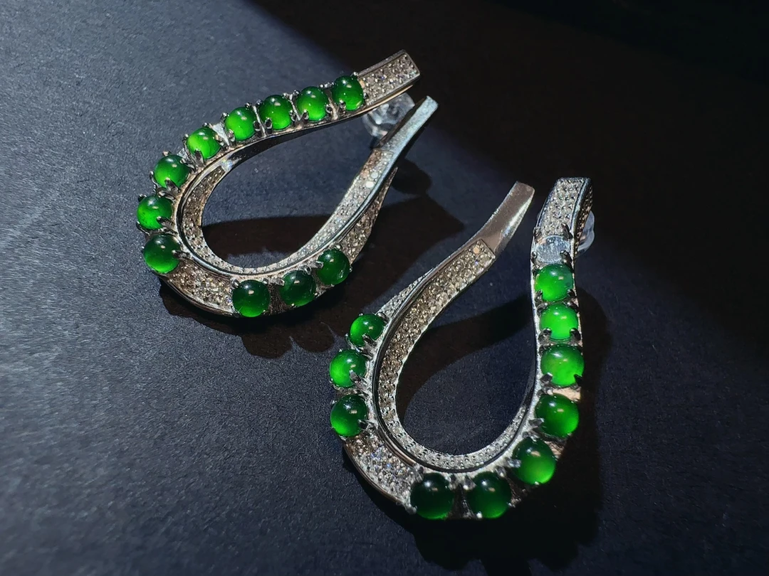 天然a货翡翠高冰阳绿耳钉耳饰耳坠满绿气质精致时尚绿耳环满色022