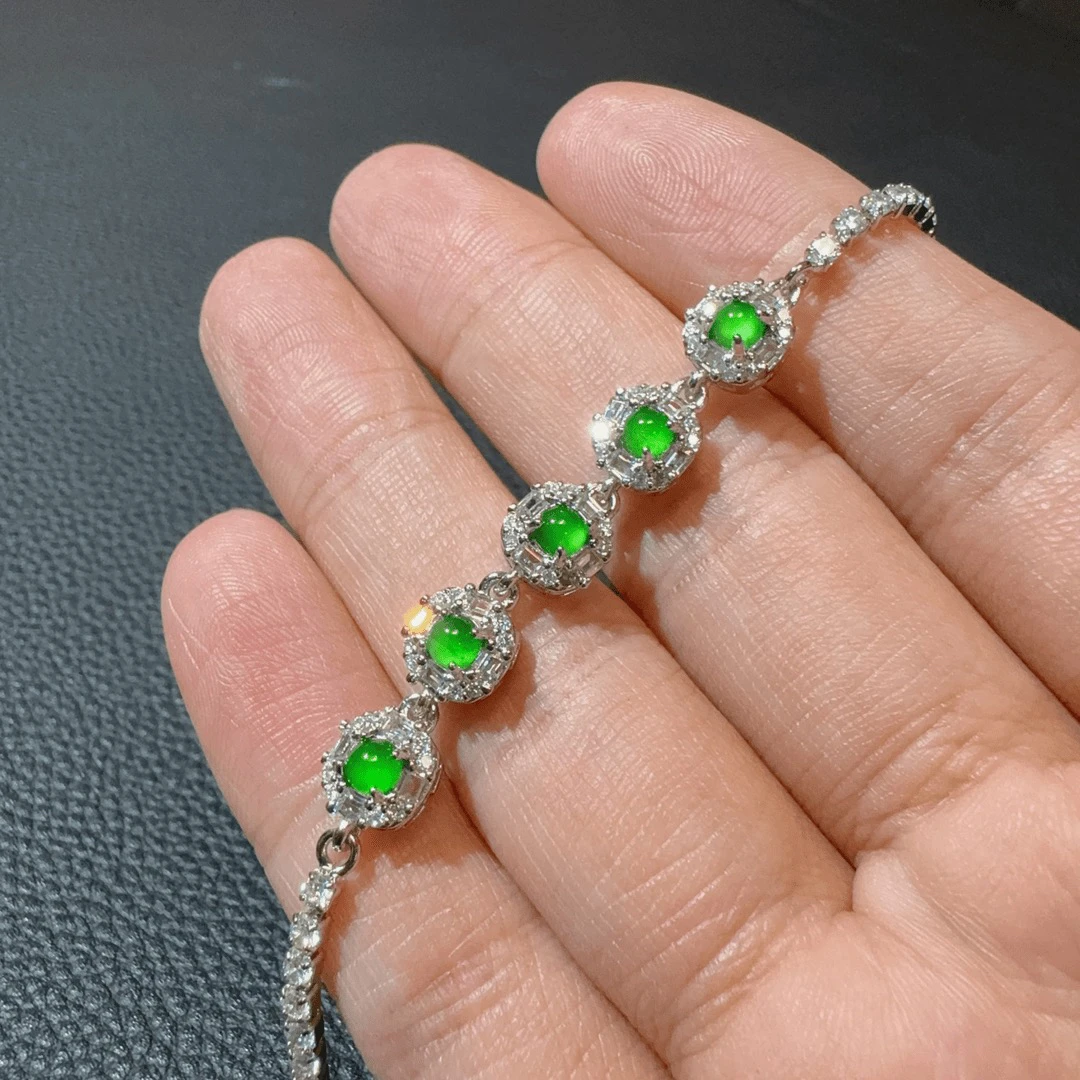 天然A货翡翠正阳绿蛋面手链镶嵌满绿气质精致奢华精美帝王绿009