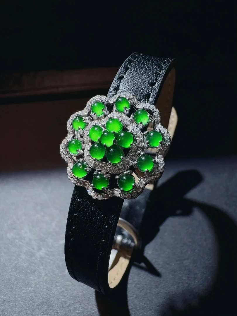 天然a货翡翠高冰阳绿蛋面手表手链吊坠两用女士气质时尚女款099