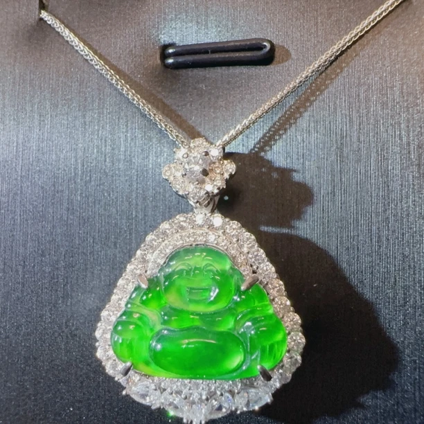 天然a货翡翠高冰阳绿佛公吊坠国标s925银099