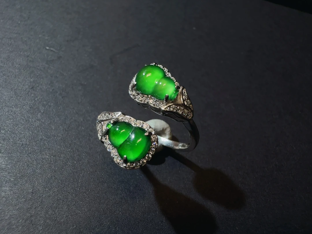 天然A货翡翠双生花满绿葫芦戒指s925银复古简约可调节精致009