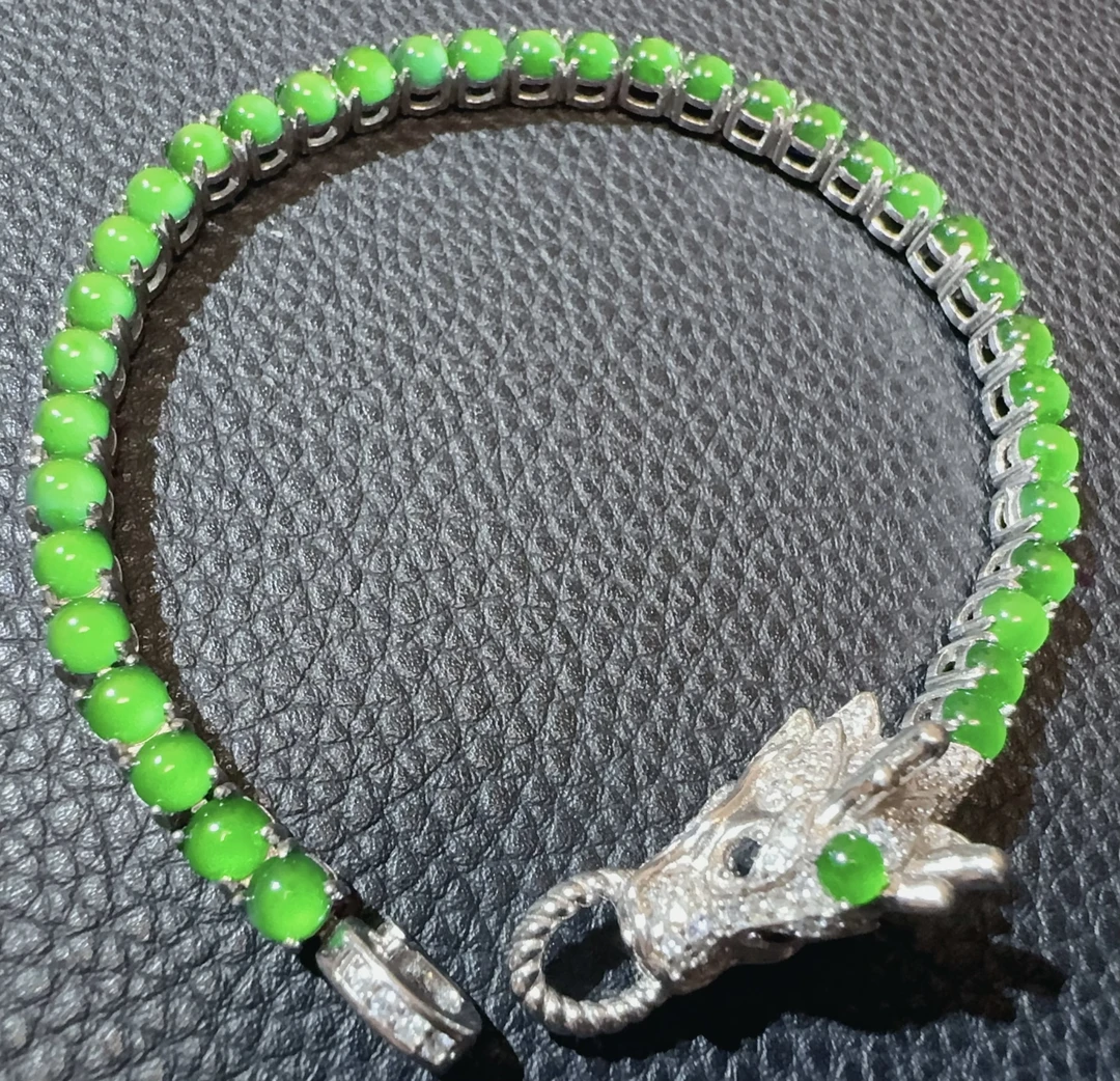 天然a货翡翠高冰帝王绿蛋面龙手链多蛋面手工单圈复古镶嵌质感098