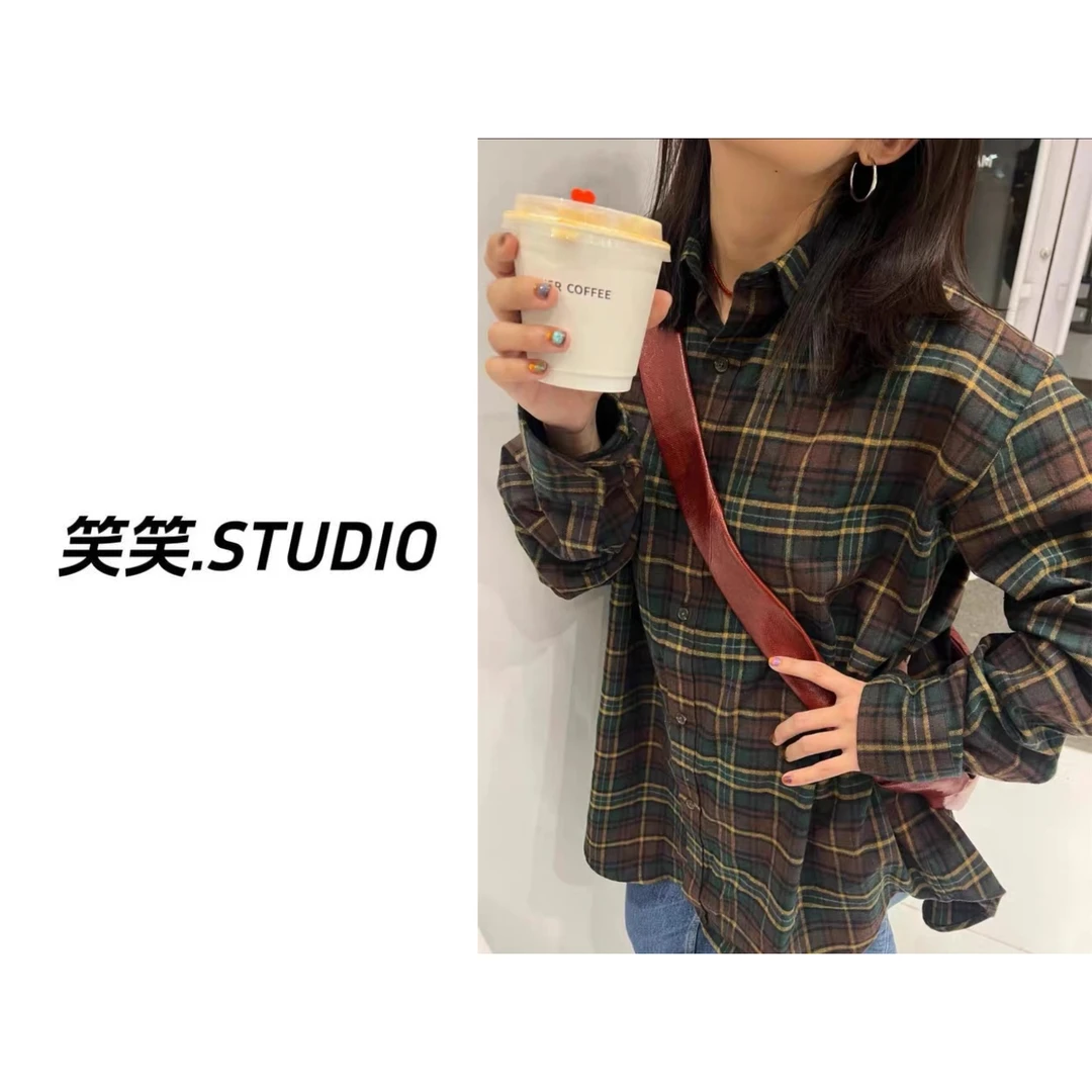 笑笑-【八复古磨毛格】韩代复古撞色格衬衣宽松显瘦百搭外套
