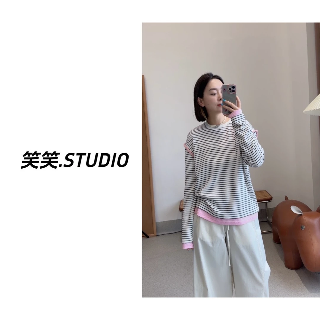 笑笑-【减龄条纹T】宽松撞色拼接圆领黑色条纹长袖t恤女慵懒风