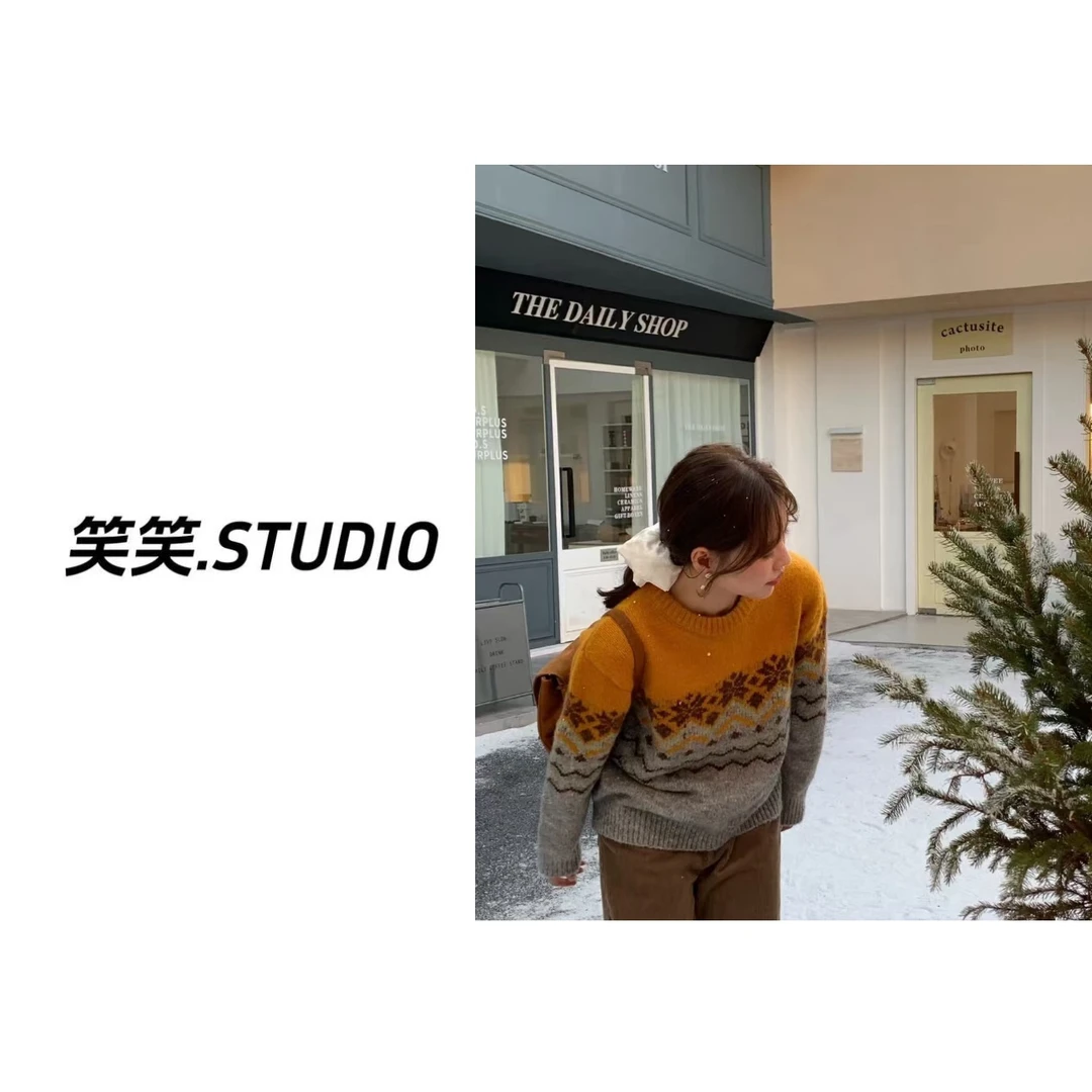 笑笑-【蜜糖南瓜】韩国单！eru*me秋冬慵懒撞色设计感圆领提花针织衫