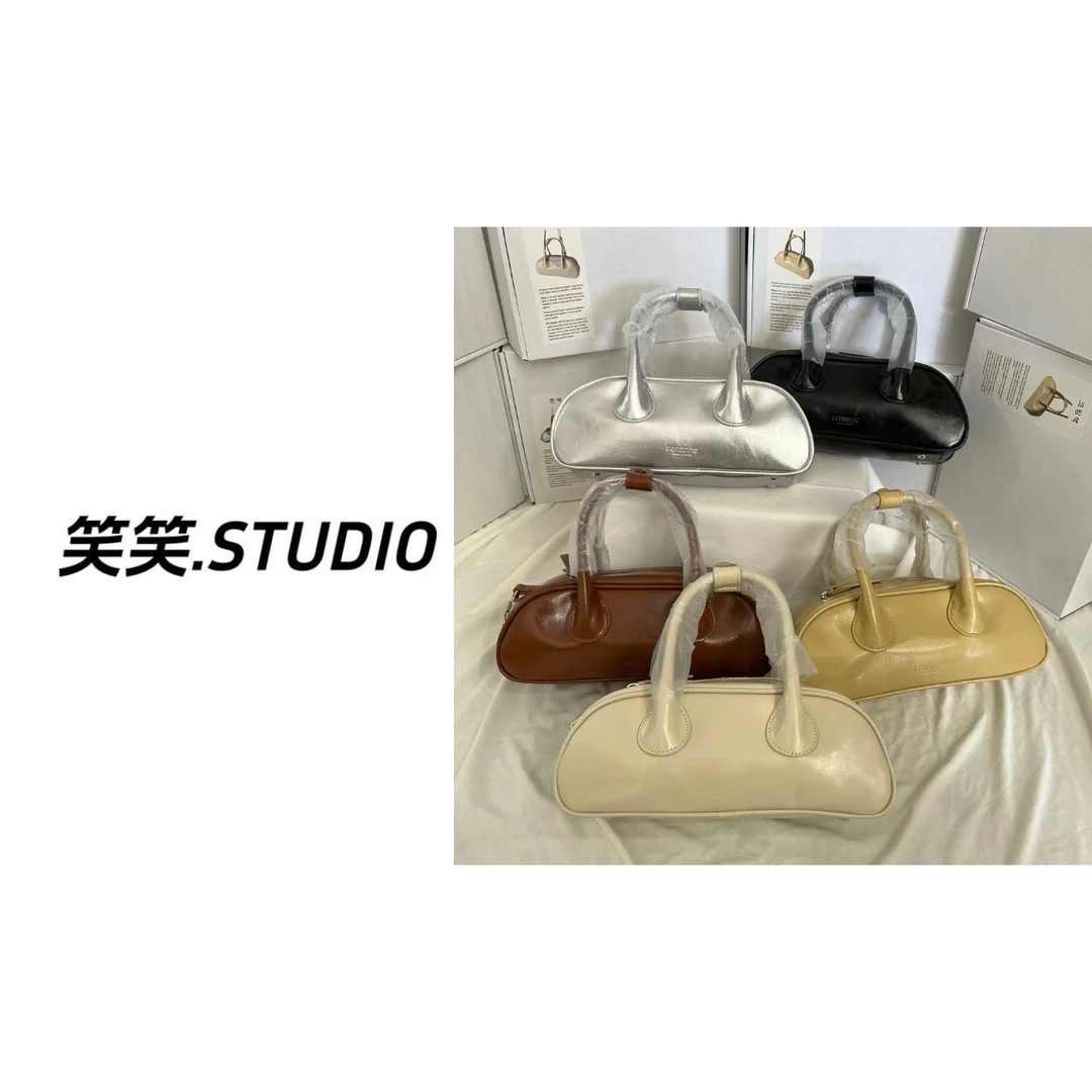 笑笑-【韩国设计师款】牛皮亮面手提短斜挎百搭波士顿包腋下包