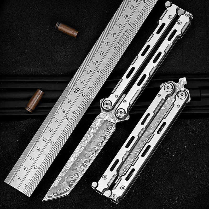 户外多功能大马士革蝴蝶刀训练工具甩刀帅气未开刃