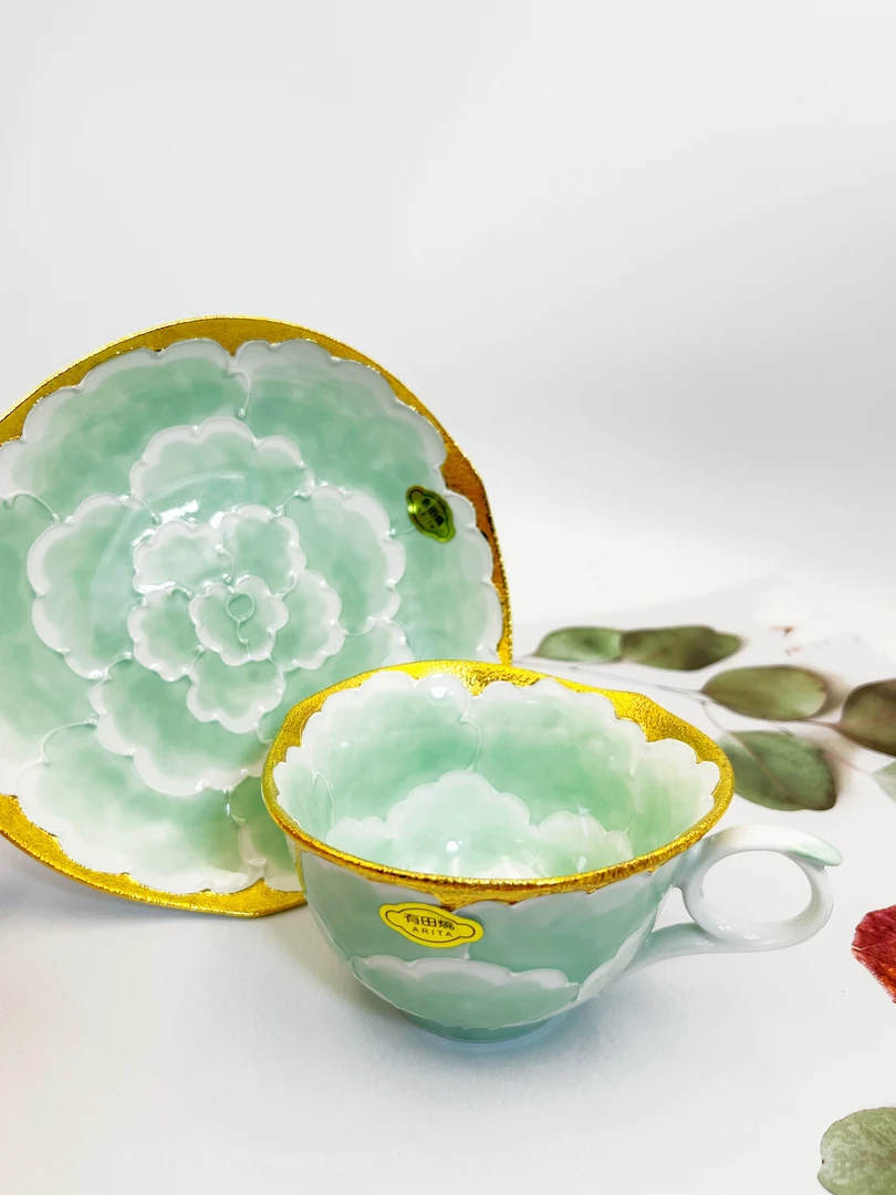 文山满柚绿色轻奢法式手绘描金陶瓷咖啡杯