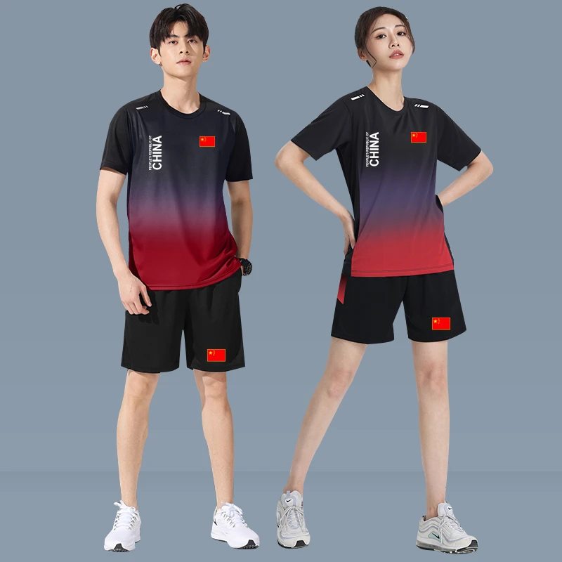 中国国家队运动套装男女情侣夏季速干训练短裤短袖跑步健身两件套