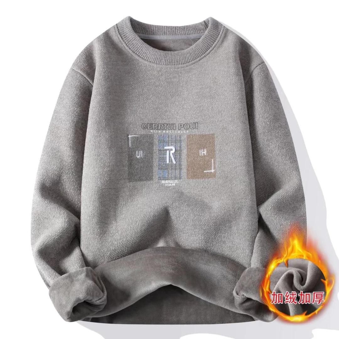 秋冬季新款加绒加厚圆领百搭男士针织保暖毛衣休闲毛衣