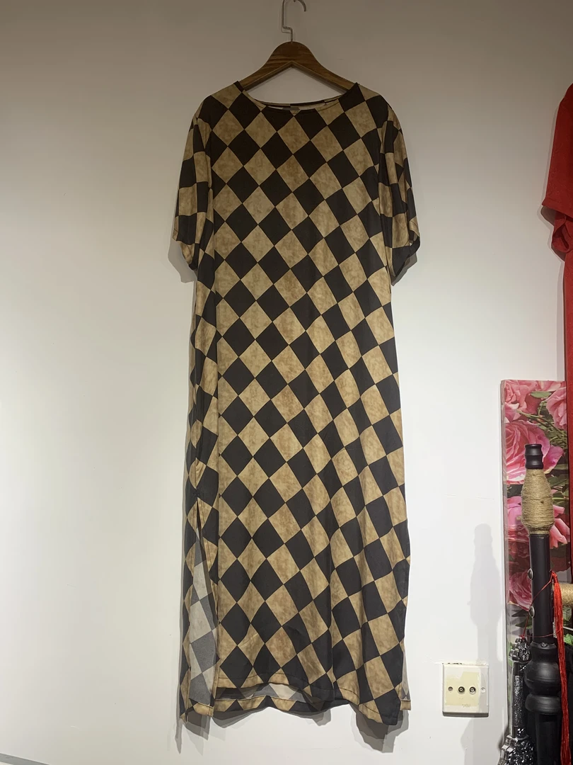 铜氨丝菱形格夏季连衣裙裙子