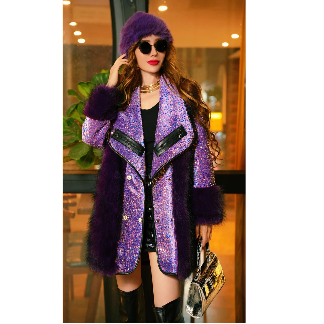 2024秋冬设计师重工亮片双色毛尖洋气毛毛外套