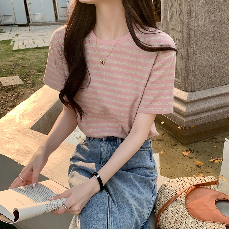 纯棉条纹T恤女短袖宽松夏新款小个子设计感百搭显瘦上衣圆领修身