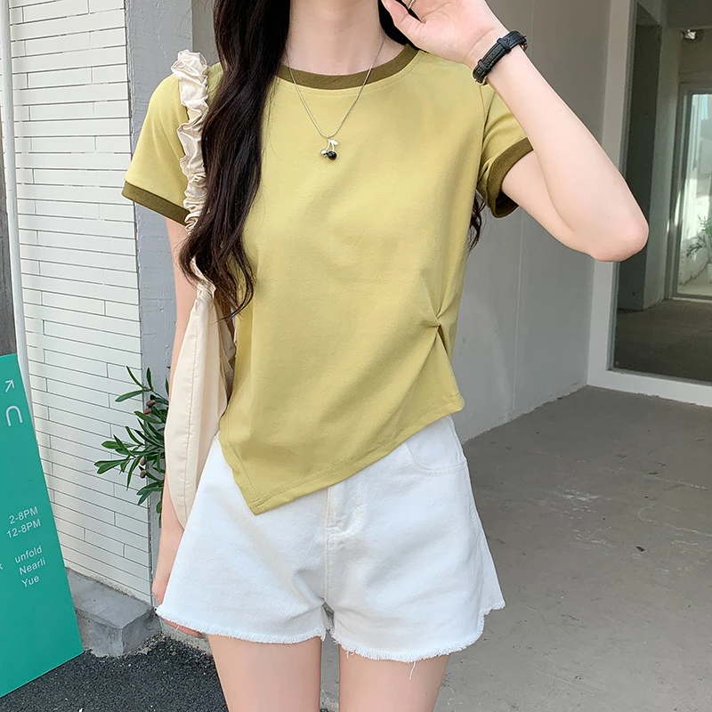 纯棉T恤女装短袖夏季正肩不规则短款上衣小个子修身显瘦圆领上衣