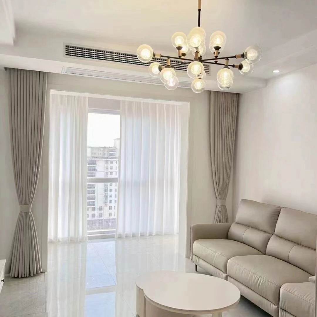 主卧布艺窗帘免打孔成品窗帘左右装修房顶奶咖色