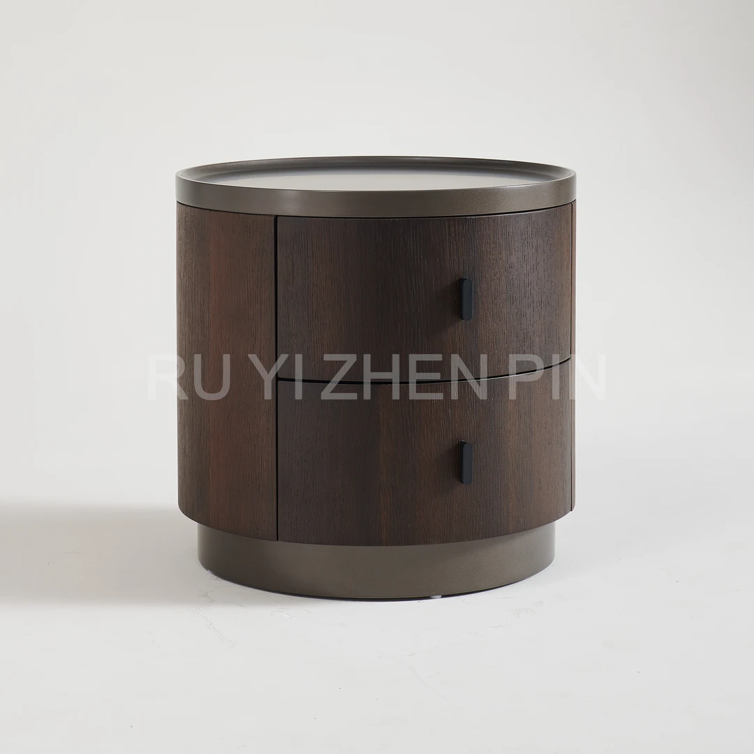 意大利木制圆形床头柜设计师款意式简约现代烟熏木边柜创意