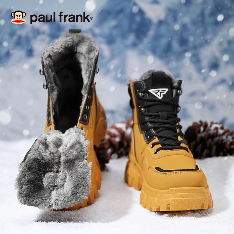 大嘴猴冬季新款男加绒马丁靴东北加厚雪地靴户外保暖棉鞋防水大黄