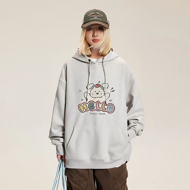 卡通小狗卫衣女秋冬美式加绒港风宽松BF风百搭连帽情侣外套上衣潮