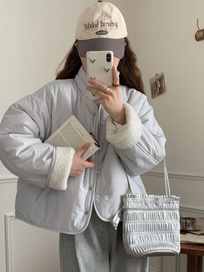 韩系冬季小众减龄立领棉服蓝色两面穿保暖加厚宽松百搭长袖外套