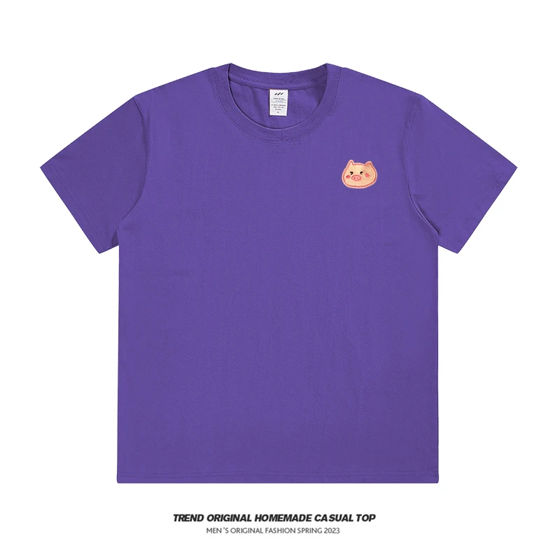 小猪猪卡通原创短袖夏紫色宽松小众独特洋气BF风百搭纯棉T恤