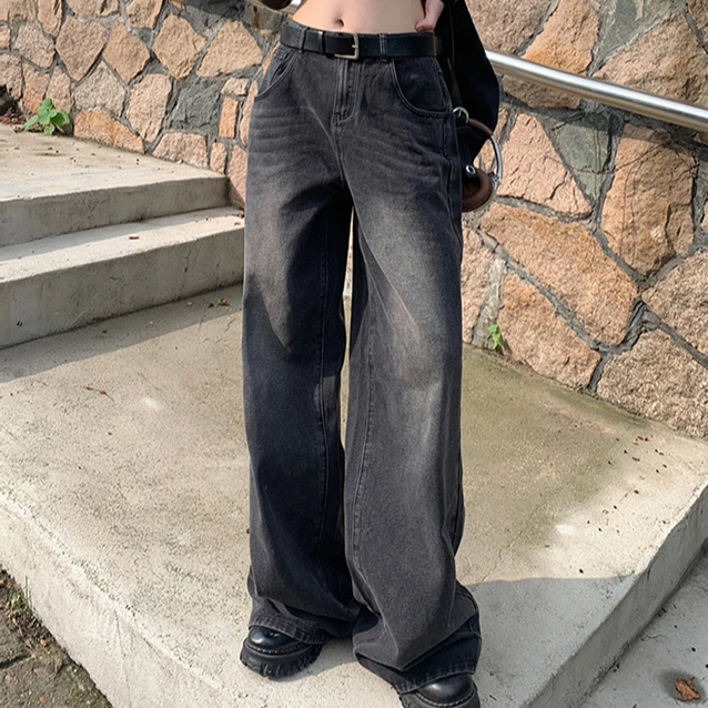 黑色高腰垂感直筒牛仔裤夏季韩系直筒男女宽松拖地裤阔腿裤