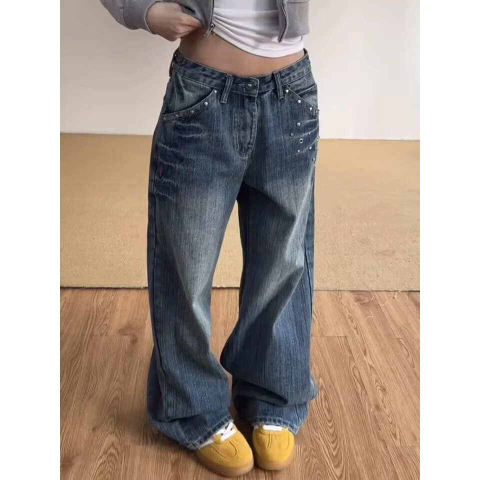 美式水洗钉珠阔腿牛仔裤女春秋款高腰设计感宽松显瘦百搭直筒长裤