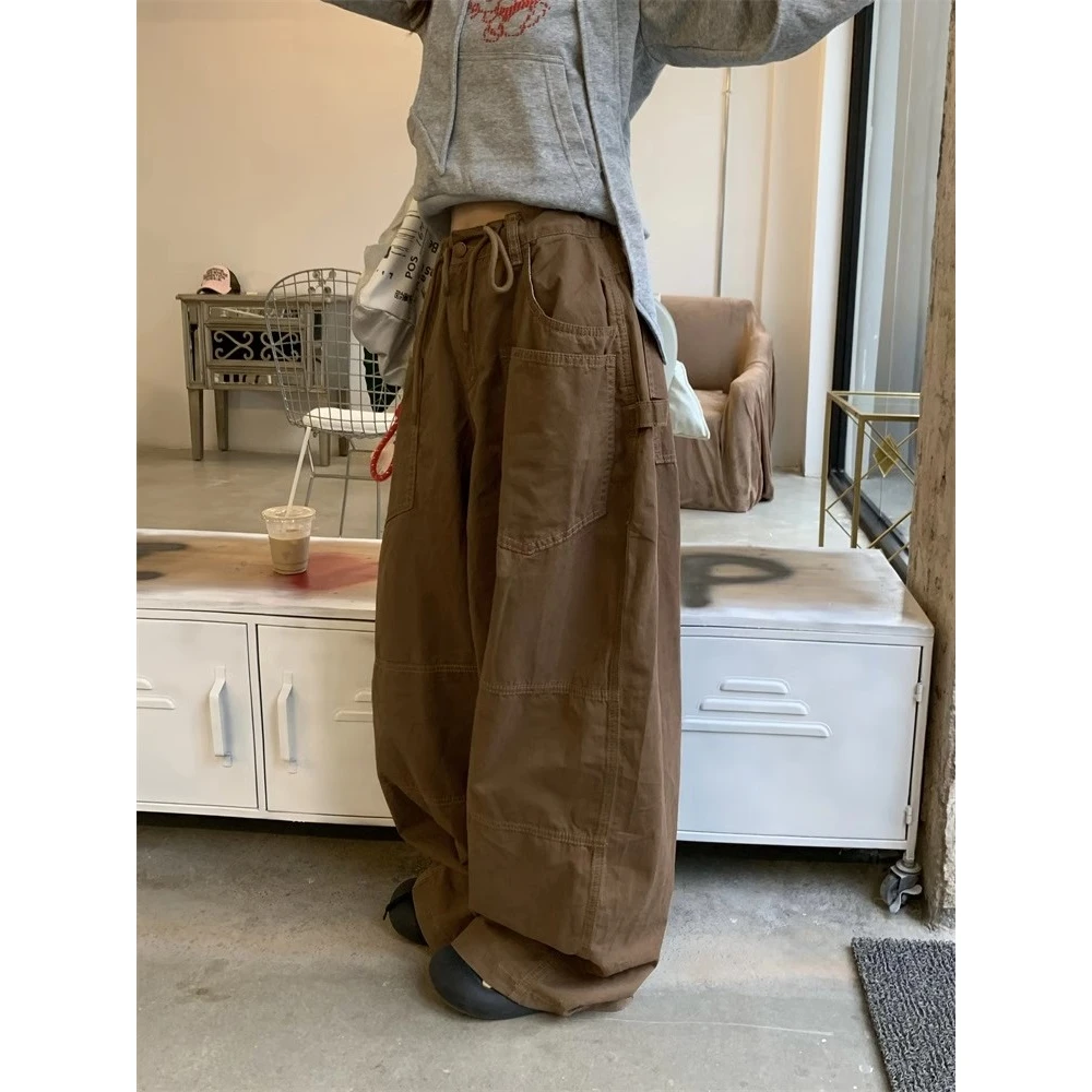 美式复古大口袋褶皱阔腿工装裤女秋季宽松显瘦百搭休闲拖地长裤潮