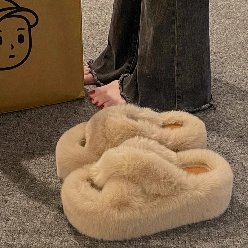 她他玥保暖毛绒棉拖爆款交叉夏季毛毛拖鞋女2024秋冬新款居家外穿