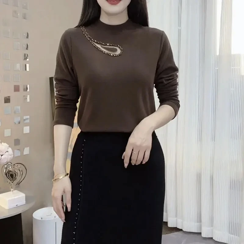 时尚半高领纯色烫钻长袖打底衫大码遮肚子减龄洋气上衣修身显瘦潮