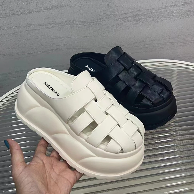 艾格鸟增高8cm包头半拖鞋女外穿2024夏新款凉拖鞋厚底内增高女鞋