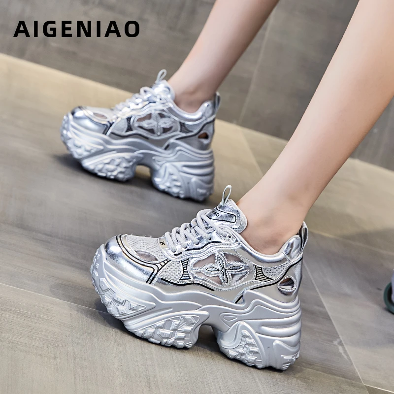 艾格鸟增高9cm老爹凉鞋女2024夏新款镂空透气运动鞋厚底增高女鞋