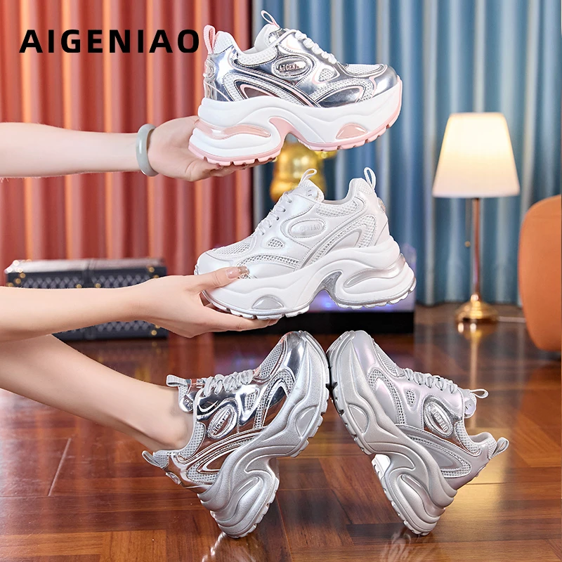 艾格鸟增高9cm老爹鞋女2024夏新款透气网面休闲鞋厚底内增高女鞋