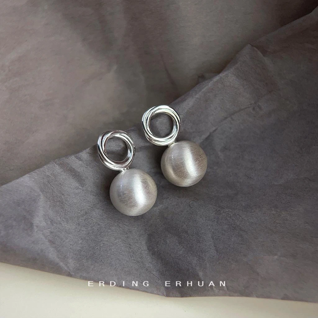 925银玻璃耳饰 @APRIL 冷淡风银色拉丝质感小众圆形镂空耳钉法式