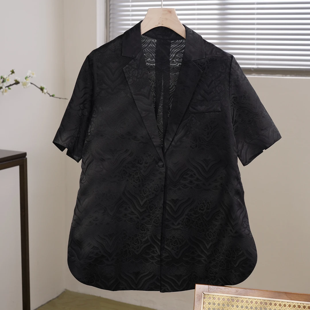 新款桑蚕丝花罗西装外套春夏超显瘦气质轻奢纯色黑色 LW   1232